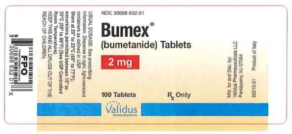 NDC: <a href=/NDC/30698-632-01>30698-632-01</a>
Bumex®
(bumetanide) Tablets
2 mg
100 Tablets
Rx Only
