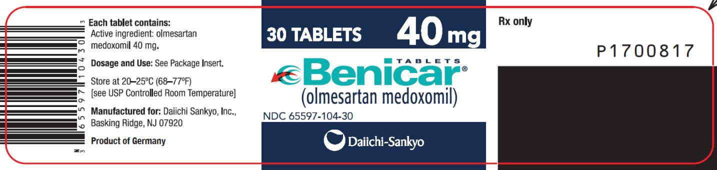 PRINCIPAL DISPLAY PANEL NDC: <a href=/NDC/65597-104-30>65597-104-30</a> TABLETS Benicar (olmesartan medoxomil) 40 mg 30 TABLETS Rx Only