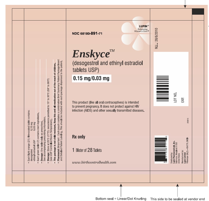 Enskyce
(desogestrel and ethinyl estradiol Tablets USP) 
0.15 mg/0.03 mg 
Rx Only
NDC: <a href=/NDC/68180-882-11>68180-882-11</a>
																										Pouch Label: 1 Wallet of 28 Tablets