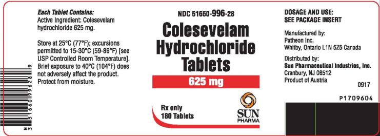 PRINCIPAL DISPLAY PANEL NDC: <a href=/NDC/51660-996-28>51660-996-28</a> Colesevelam Hydrochloride Tablets 625 mg 180 Tablets Rx Only