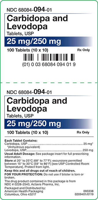 25 mg/250 mg Carbidopa Levodopa Tablets Carton Label