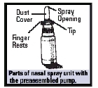 Parts of nasal spray unit with the preassembled pump. 