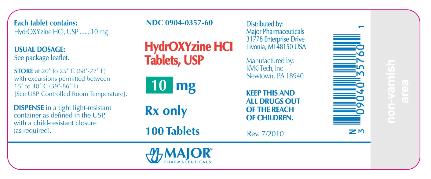 NDC: <a href=/NDC/0904-0357-60>0904-0357-60</a> HydrOXYzine HCL Tablets, USP 10mg Rx Only 100 Tablets