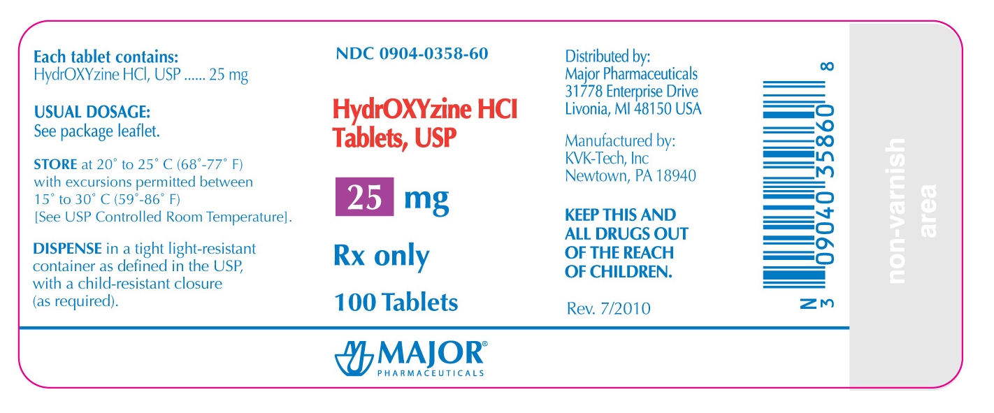 NDC: <a href=/NDC/0904-0358-60>0904-0358-60</a> HydrOXYzine HCL Tablets, USP 25mg Rx Only 100 Tablets