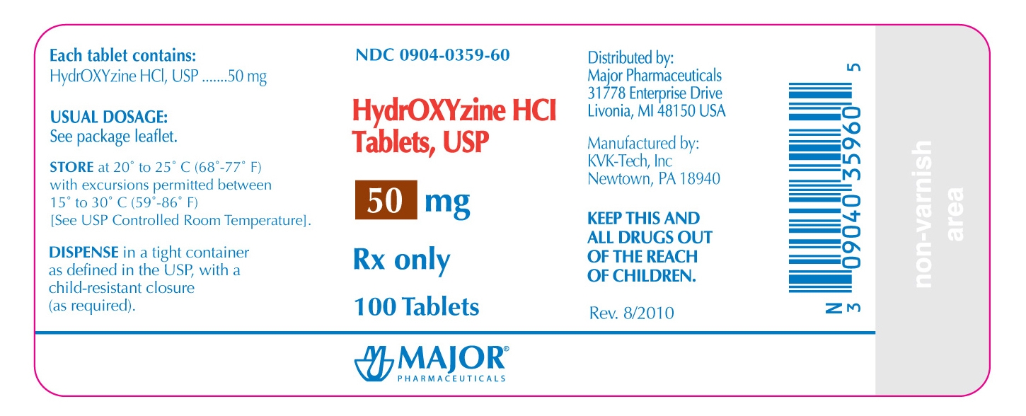NDC: <a href=/NDC/0904-0359-60>0904-0359-60</a> HydrOXYzine HCL Tablets, USP 50mg Rx Only 100 Tablets
