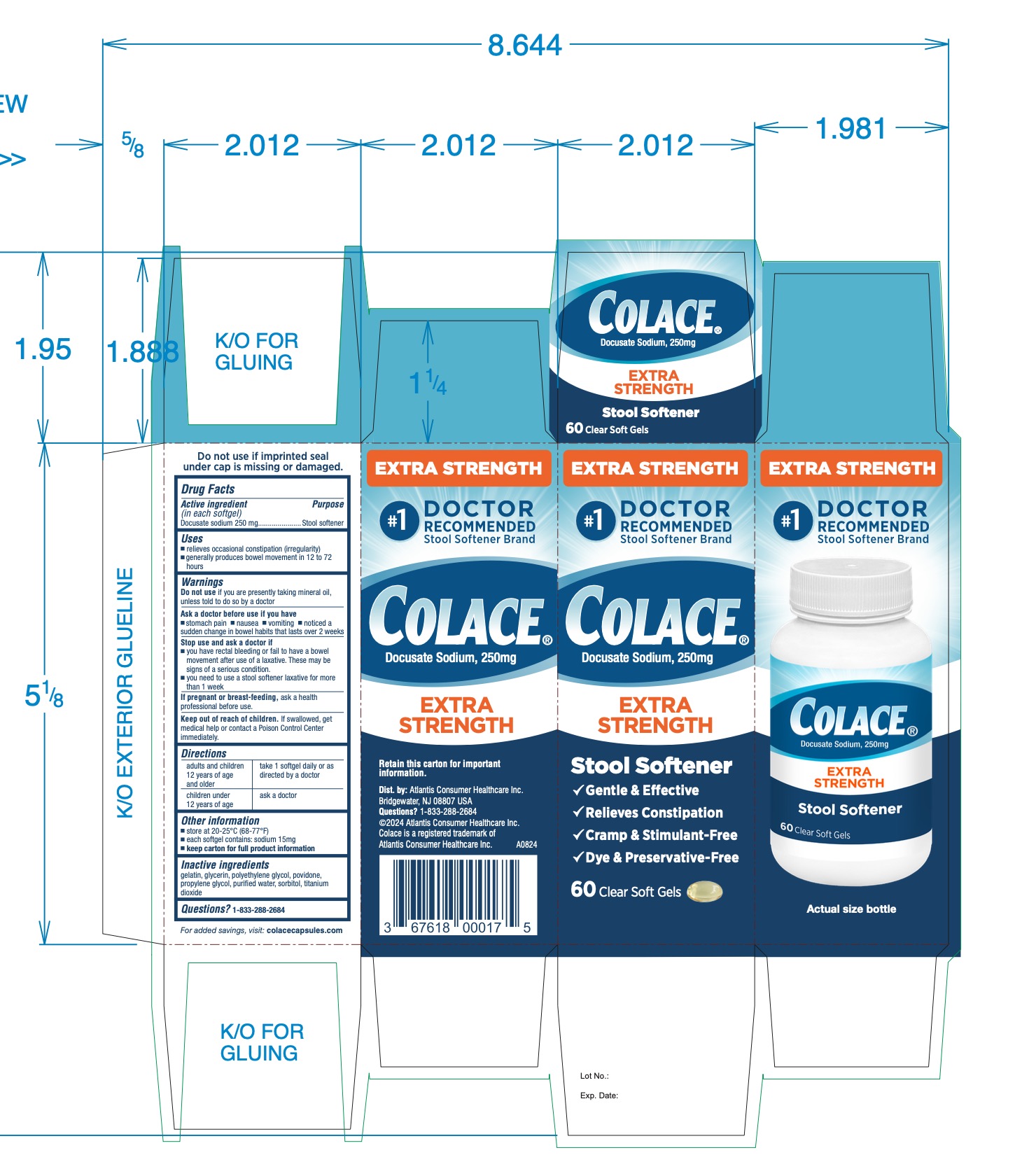 Colace Extra strength 250mg 60 softgels