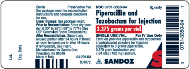 PACKAGE LABEL - PRINCIPAL DISPLAY PANEL NDC: <a href=/NDC/0781-3350-94>0781-3350-94</a> Piperacillin and Tazobactam for Injection 3.375 grams per vial