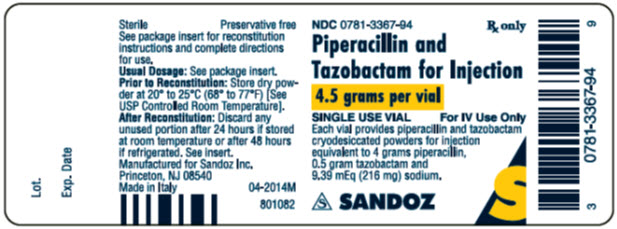 PACKAGE LABEL - PRINCIPAL DISPLAY PANEL NDC: <a href=/NDC/0781-3367-94>0781-3367-94</a> Piperacillin and Tazobactam for Injection 4.5 grams per vial
