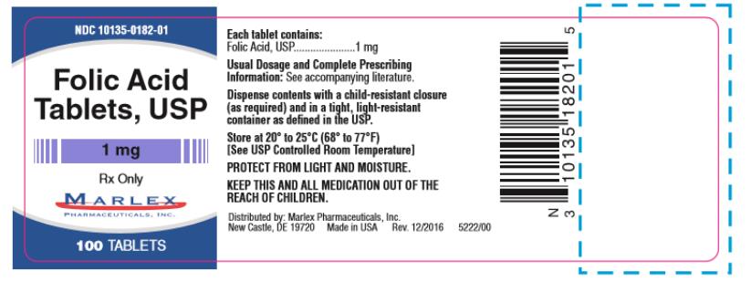 NDC: <a href=/NDC/10135-0182-0>10135-0182-0</a>1
Marlex
Folic Acid
tablets, USP
1 mg
100 Tablets
Rx Only
