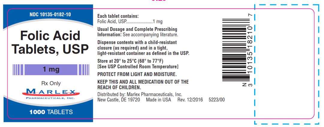 PRINCIPAL DISPLAY PANEL
NDC: <a href=/NDC/10135-0182-1>10135-0182-1</a>0
Marlex
Folic Acid
tablets, USP
1 mg
1000 Tablets
Rx Only
