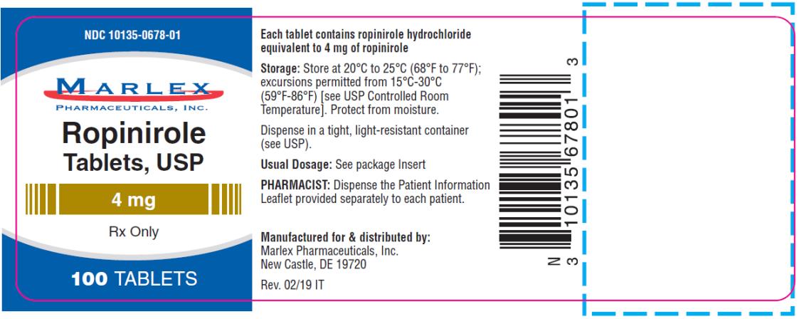 PRINCIPAL DISPLAY PANEL
NDC: <a href=/NDC/10135-0678-0>10135-0678-0</a>1
Ropinirole
Tablets,USP
4 mg
Rx Only
100 Tablets
