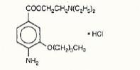 The following structural formula for Benoxinate Hydrochloride is 2-(Diethylamino) etyl 4-amino-3butoxybenzoate monohydrochloride.