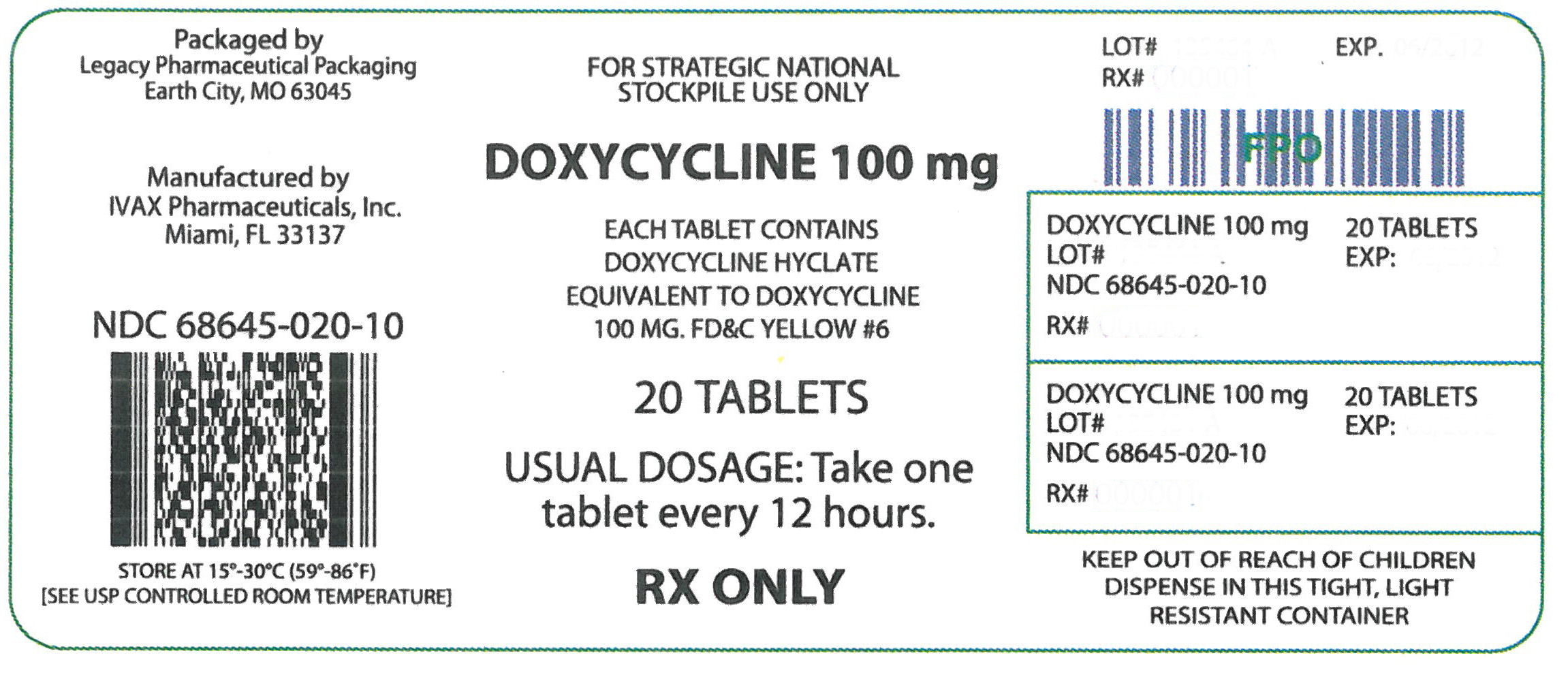 NDC: <a href=/NDC/68645-020-10>68645-020-10</a>

Doxycycline 100mg

Rx Only

20 tablets


