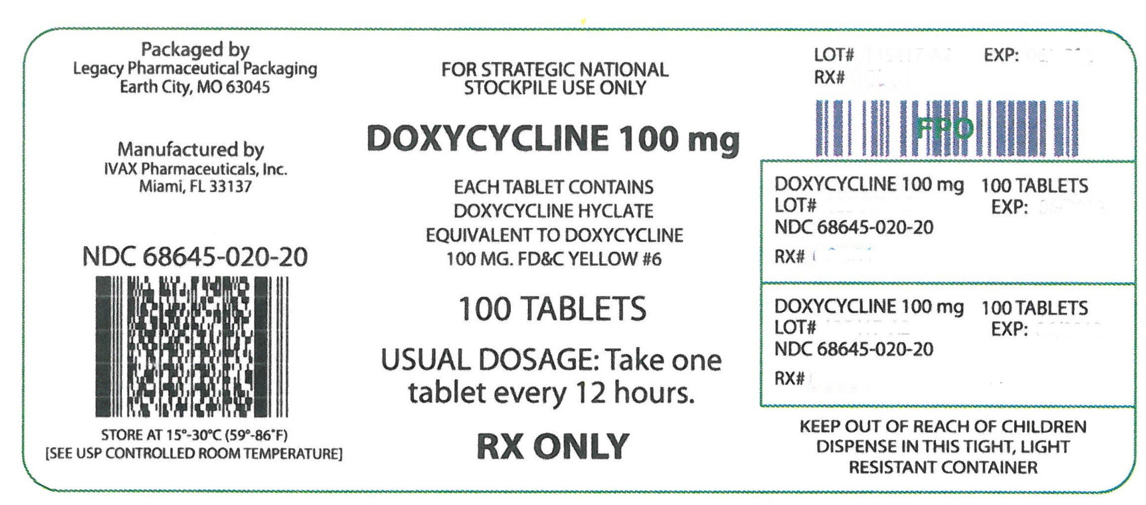 NDC: <a href=/NDC/68645-020-20>68645-020-20</a>

Doxycycline 100mg

100 tablets

Rx Only

