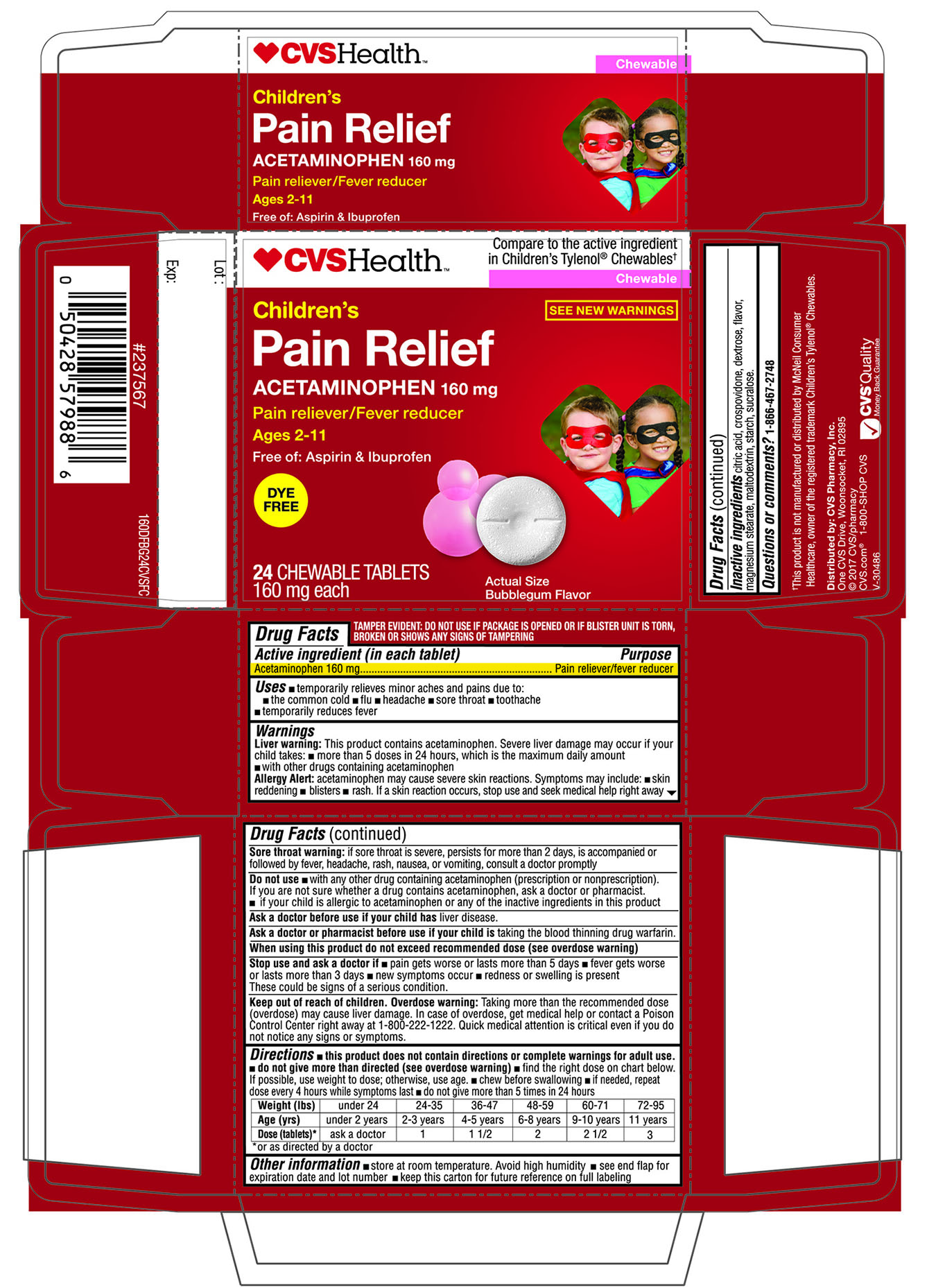 CVS Health Children's Pain Relief Acetaminophen 160mg 24 Chewable Tablets