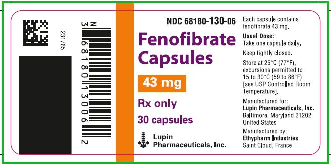 NDC: <a href=/NDC/68180-130-06>68180-130-06</a>

Fenofibrate Capsules

43 mg

Rx only

30 capsules

							Lupin Pharmaceuticals, Inc.