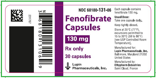 NDC: <a href=/NDC/68180-131-06>68180-131-06</a>

Fenofibrate Capsules

130 mg

Rx only

30 capsules

							Lupin Pharmaceuticals, Inc.