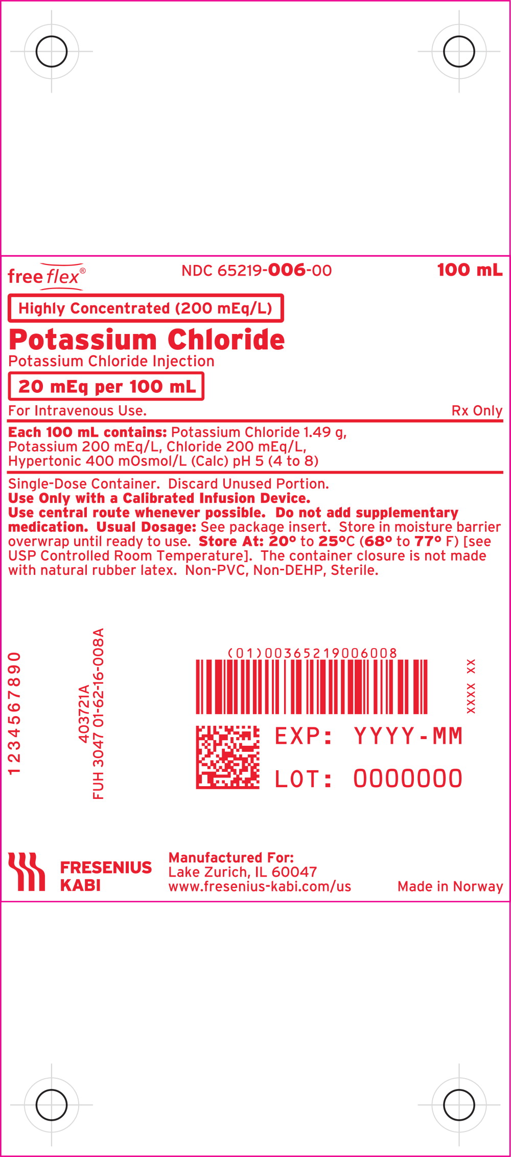 Package Label - Principal Display Panel - Potassium Chloride 20 mEq 100 mL Bag Label
