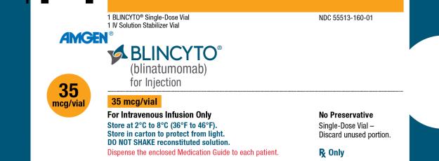 PRINCIPAL DISPLAY PANEL
1 BLINCYTO® Single-Dose Vial
1 IV Solution Stabilizer Vial
NDC: <a href=/NDC/55513-160-01>55513-160-01</a>
AMGEN®
BLINCYTO®
(blinatumomab)
for Injection
35 mcg/vial
35 mcg/vial
For Intravenous Infusion Only
Store at 2°C to 8°C (36°F to 46°F).
Store in carton to protect from light.
DO NOT SHAKE reconstituted solution.
Dispense the enclosed Medication Guide to each patient.
No Preservative
Single-Dose Vial –
Discard unused portion.
Rx Only

