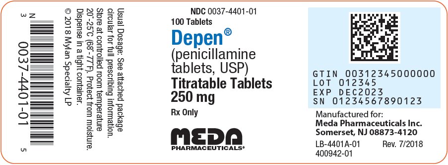 Depen (penicillamine tablets, USP) Titratable Tablets 250 mg Bottle Label 