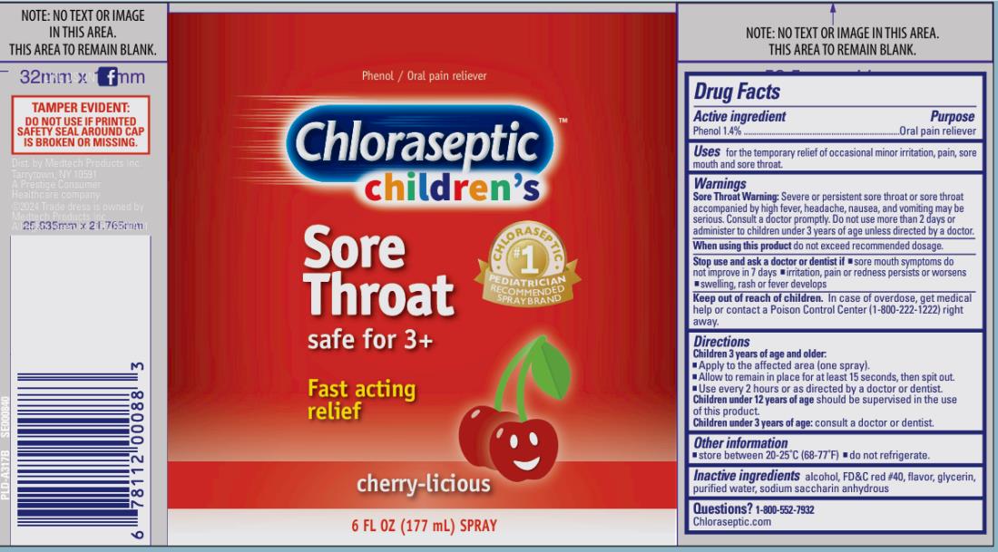 Chloraseptic
children’s
Sore Throat
safe for 3+
Fast acting relief
cherry-licious
6 FL OZ (177 mL) SPRAY
