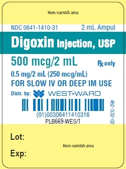 NDC: <a href=/NDC/0641-1410-31>0641-1410-31</a> 2 mL Ampul Digoxin Injection, USP 500 mcg/2 mL Rx only 0.5 mg/2 mL (250 mcg/mL) FOR SLOW IV OR DEEP IM USE