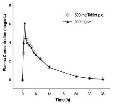 Figure 3: Mean Levofloxacin Plasma Concentration vs. Time Profile: 500 mg