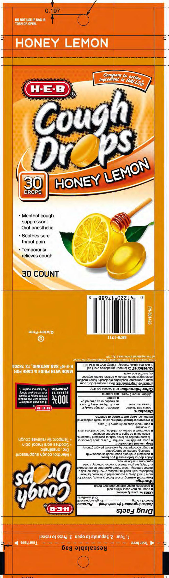 HEB Honey Lemon 30ct Cough Drops