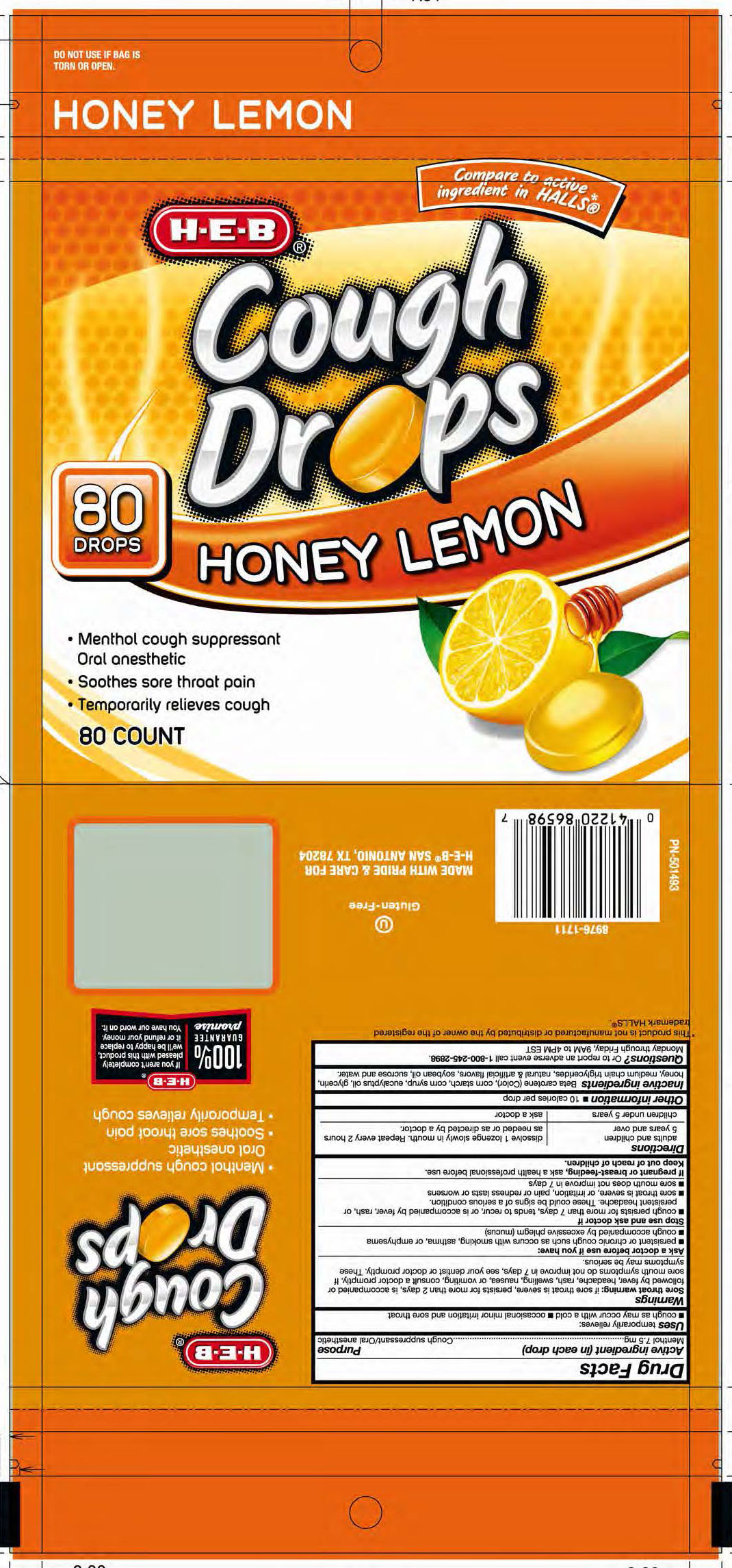 HEB Honey Lemon 80ct Cough Drops