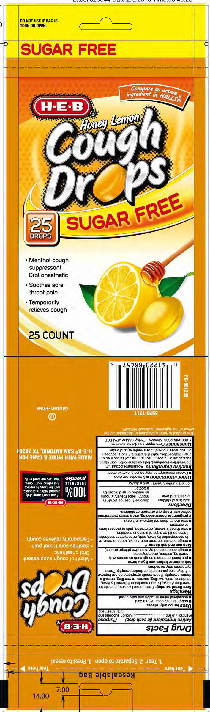 HEB SF Honey Lemon 25ct Cough Drops