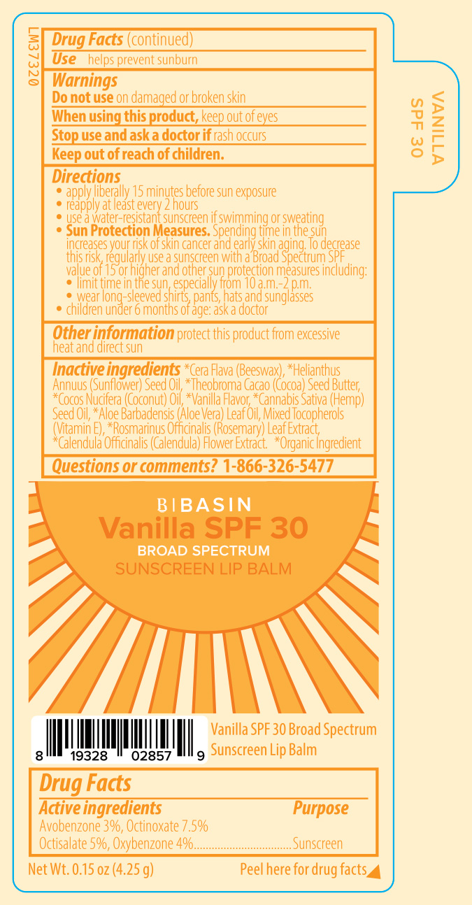 Basin Vanilla SPF 30 Broad Spectrum Sunscreen Lip Balm 0.15 oz Label