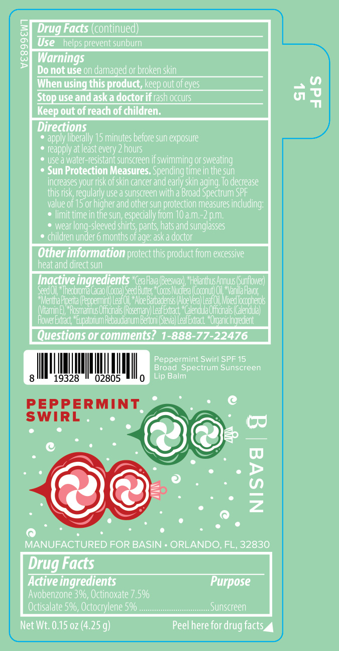 Basin Peppermint Swirl SPF 15 Broad Spectrum Sunscreen Lip Balm 0.15 oz Label