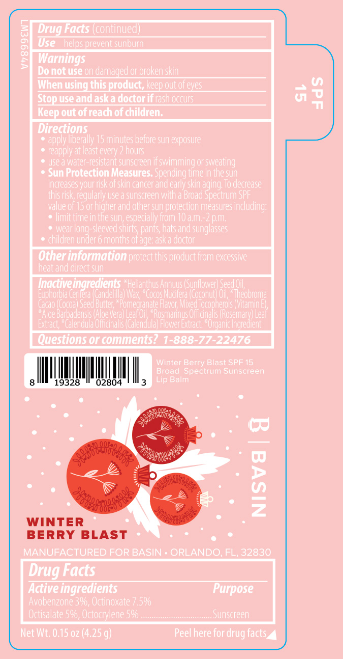 Basin Winter Berry Blast SPF 15 Broad Spectrum Sunscreen Lip Balm 0.15 oz Label