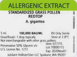Standardized Grass Pollen, Redtop 5 mL, 100,000 BAU/mL Vial Label