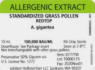 Standardized Grass Pollen, Redtop 10 mL, 100,000 BAU/mL Vial Label