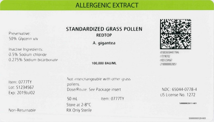 Standardized Grass Pollen, Redtop 50 mL, 100,000 BAU/mL Carton Label