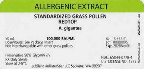 Standardized Grass Pollen, Redtop 50 mL, 100,000 BAU/mL Vial Label