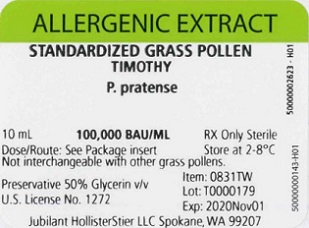 Standardized Grass Pollen, Timothy 10 mL, 100,000 BAU/mL Vial Label