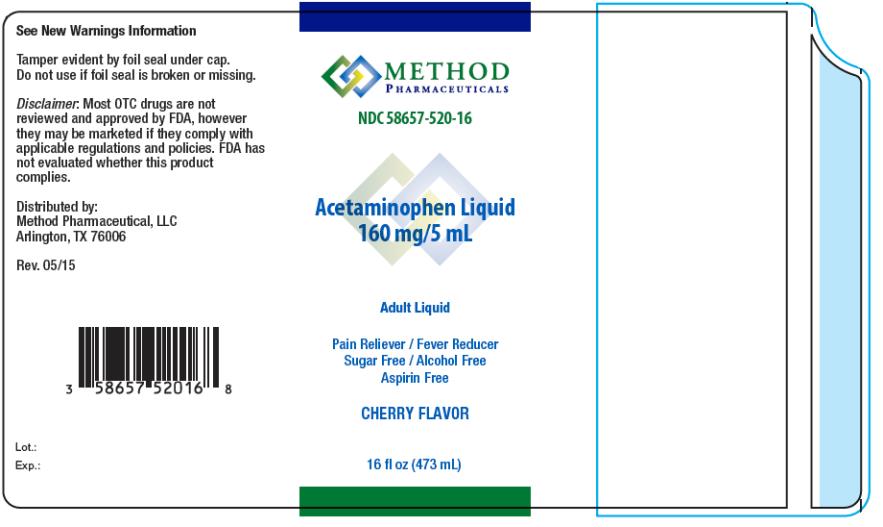 PRINCIPAL DISPLAY PANEL
NDC: <a href=/NDC/58657-520-16>58657-520-16</a>
Acetaminophen Liquid
160 mg/5 Ml
Adult Liquid
Pain Reliever / Fever Reducer
Sugar Free / Alcohol Free
Aspirin Free
CHERRY FLAVOR
16 fl oz (473 mL)
