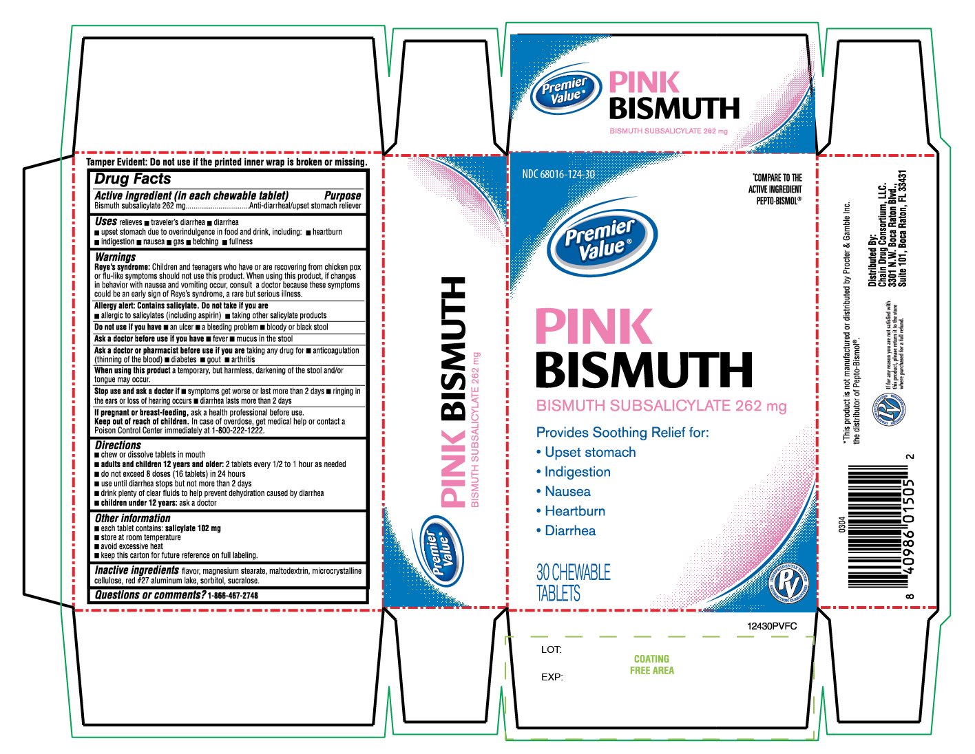 Premier Value Pink Bismuth 30 Chewable tablets