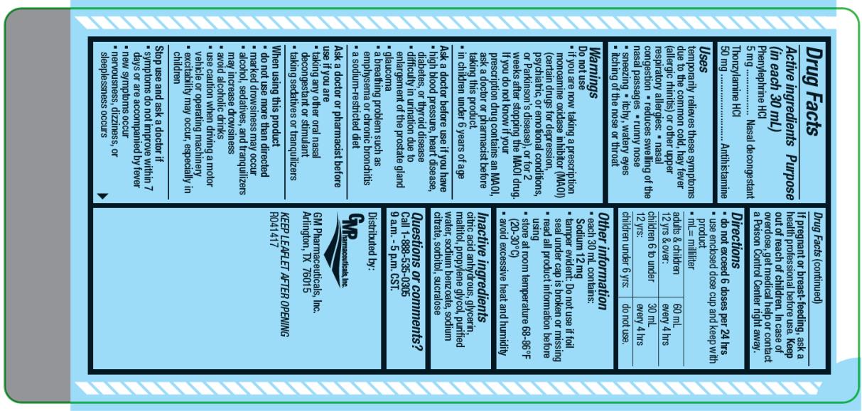 Principal Display Panel 
TexaClear® Kids Congestion Sinus Relief
NDC: <a href=/NDC/58809-945-08>58809-945-08</a>
8 fl. oz. (237 mL)
U.S. Pat: 9,050,289
 
Phenylephrine HCL – Nasal Decongestant 
Thonzylamine HCL - Antihistamine

Tamper evident: do not use if foil seal under cap is broken on missing

	Gluten Free
	Dye Free
	Sugar Free
	Alcohol Free
	Acetaminophen Free


Ages 6+

Relieves:
	Itchy Nose & Throat
	Itchy, Watery Eyes
	Runny Nose
	Sneezing
	Clears Nasal Passages

Distributed by: 
GM Pharmaceuticals, Inc. Arlington, TX 76015
