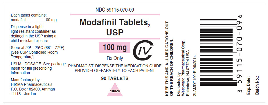 Modafinil Tablets, USP 100 mg/90 Tablets NDC: <a href=/NDC/59115-070-09>59115-070-09</a>