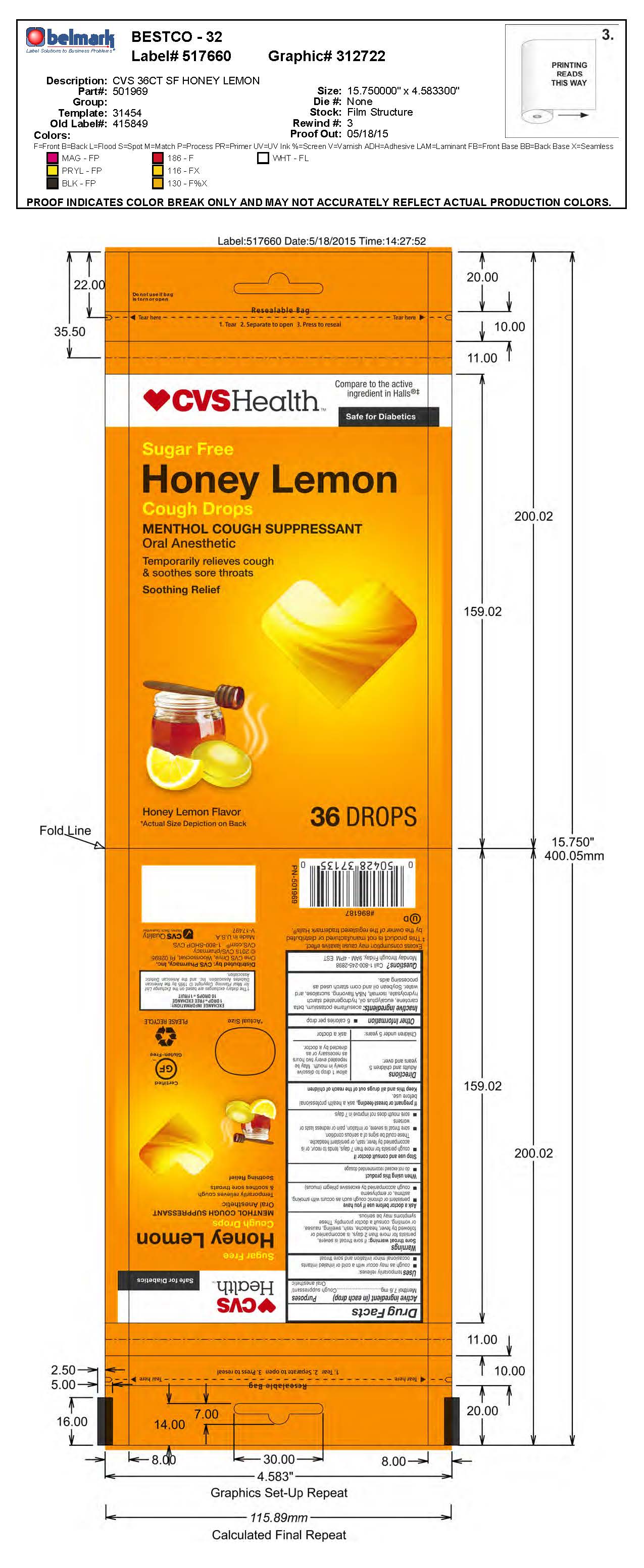 CVS SF Honey Lemon Cough Drops 36ct