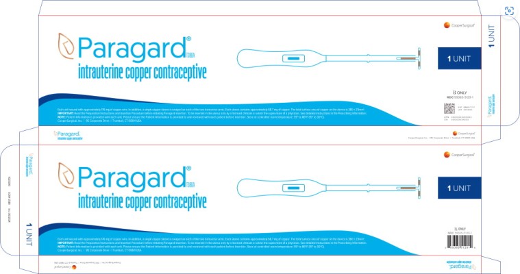Cooper Surgical®
Paragard® T380A
intrauterine copper contraceptive
1 UNIT
Each unit wound with approximately 176 mg of copper wire. In addition, a single copper sleeve is swaged on each of the two transverse arms. Each sleeve contains approximately 68.7 mg of copper. The total surface area of copper on the device is 380 ± 23mm2.
IMPORTANT: Read the Preparation Instructions and Insertion Procedure before initiating Paragard insertion. To be inserted in the uterus only by a licensed clinician or under the supervision of a physician. See detailed instructions in the Prescribing Information.
NOTE: Patient Information is provided with each unit. Please ensure the Patient Information is provided to and reviewed with each patient before insertion. Store at controlled room temperature: 59º to 86ºF (15° to 30°C).
CooperSurgical, Inc. | 95 Corporate Drive | Trumbull, CT 06611 USA
RX ONLY
NDC: <a href=/NDC/59365-5129-1>59365-5129-1</a>
