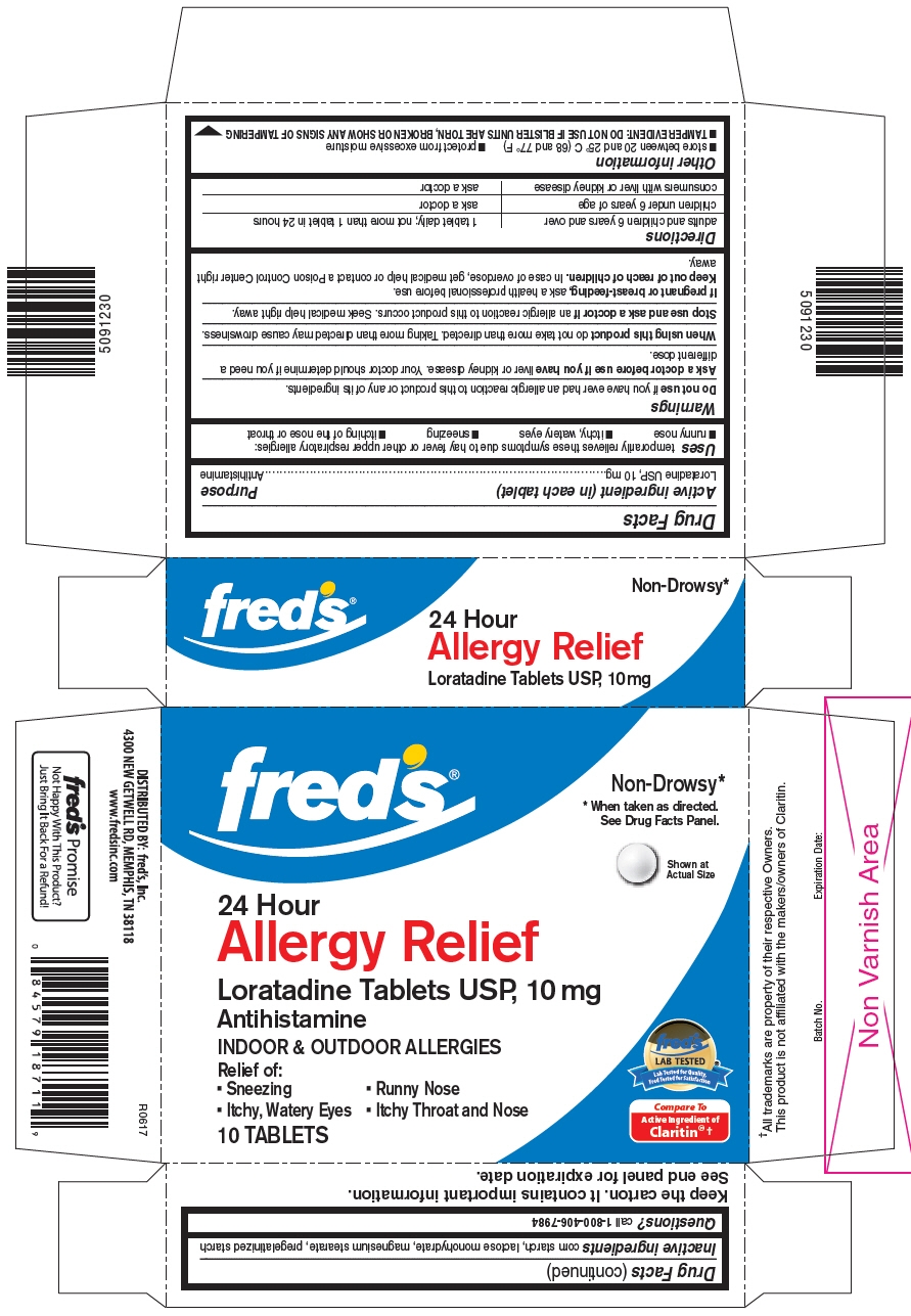 This is the 10 count blister carton label for Fred's Loratadine tablets USP, 10 mg.