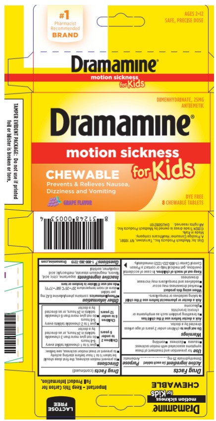 Dramamine®  
motion sickness
for Kids
CHEWABLE
DYE FREE
8 CHEWABLE TABLETS  
GRAPE FLAVOR
