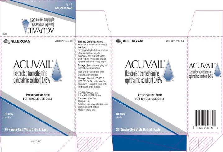 PRINCIPAL DISPLAY PANEL
NDC: <a href=/NDC/0023-3507-30>0023-3507-30</a>
ACUVAIL
(ketorolac tromethamine
ophthalmic solution)0.45%
Preservative-Free
FOR SINGLE-USE ONLY
Rx Only
sterile
