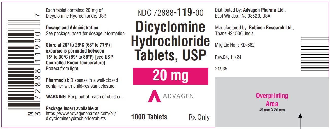 Dicyclomine Hydrochloride Tablets ,USP 20 mg - NDC: <a href=/NDC/72888-119-00>72888-119-00</a> - 1000 Tablets Label