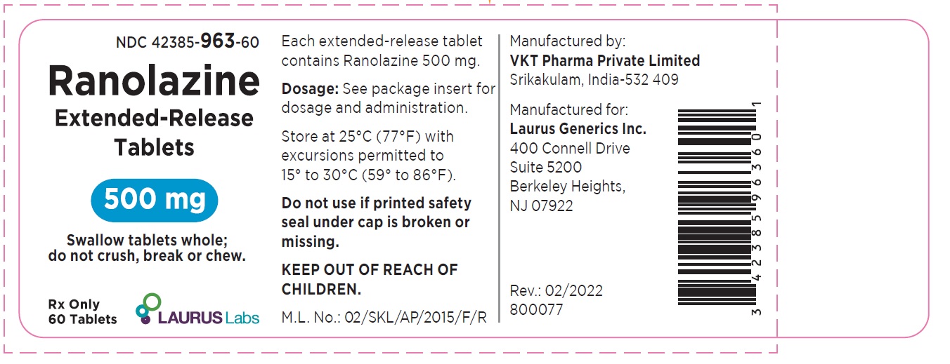 Ranolazine Extended Release Tablets 500 mg - NDC: <a href=/NDC/42385-963-60>42385-963-60</a>- 60 Tablets Label