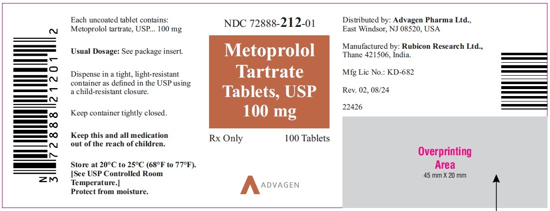 Metoprolol Tartrate Tablets, USP 100 mg - NDC: <a href=/NDC/72888-212-01>72888-212-01</a> - 1000s Bottle Label